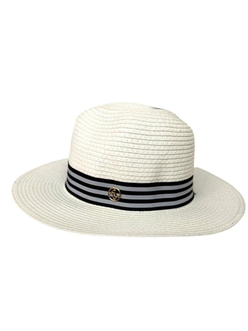 Adrienne Vittadini White Straw Hat Black & Gray Ribbon New
